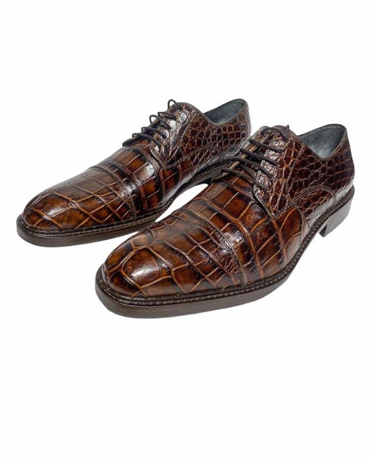 29FLPLP - Cuadra brown dress classic alligator cap toe derby shoes for men-Kuet.us