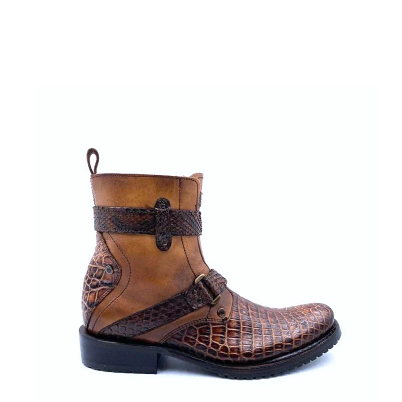 2T13AP - Cuadra brown casual cowboy alligator leather zip ankle boots for men-Kuet.us