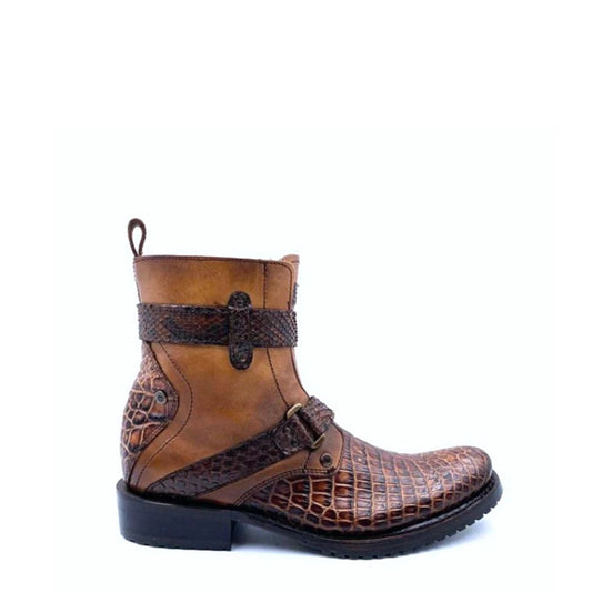 2T13AP - Cuadra brown casual cowboy alligator leather zip ankle boots for men-Kuet.us