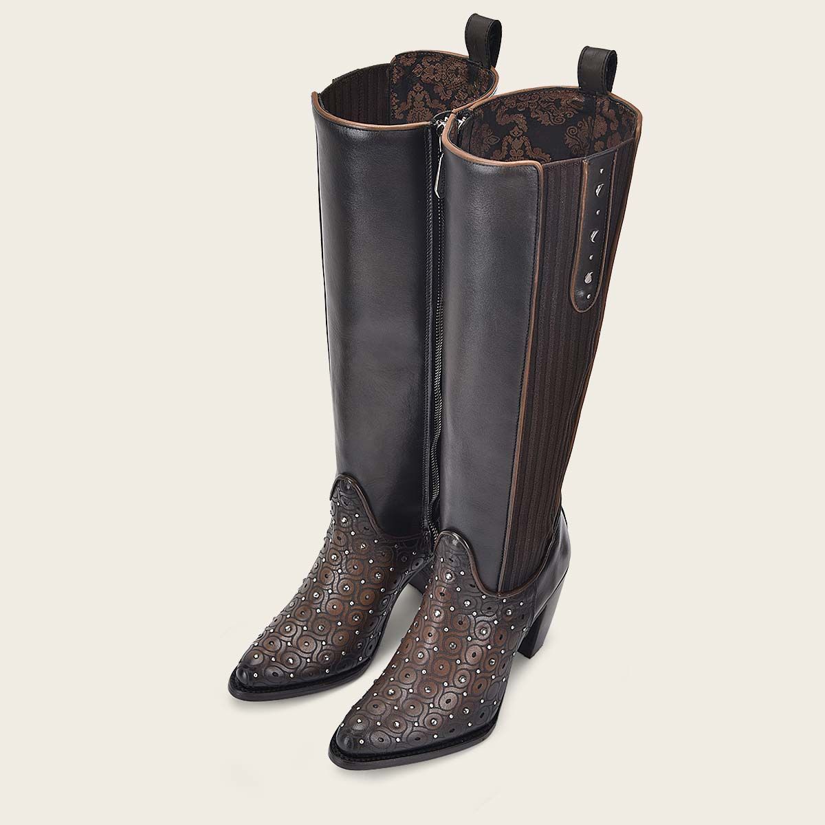 3F0BRS - Cuadra chocolate studded tall boots for women