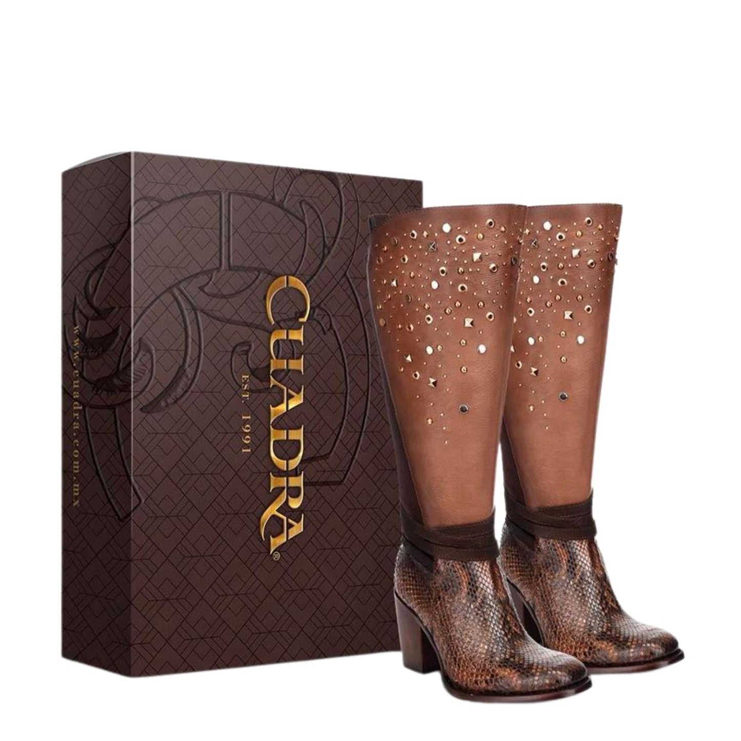 3W03PH - Cuadra brown western cowgirl python skin knee high boots for women-Kuet.us