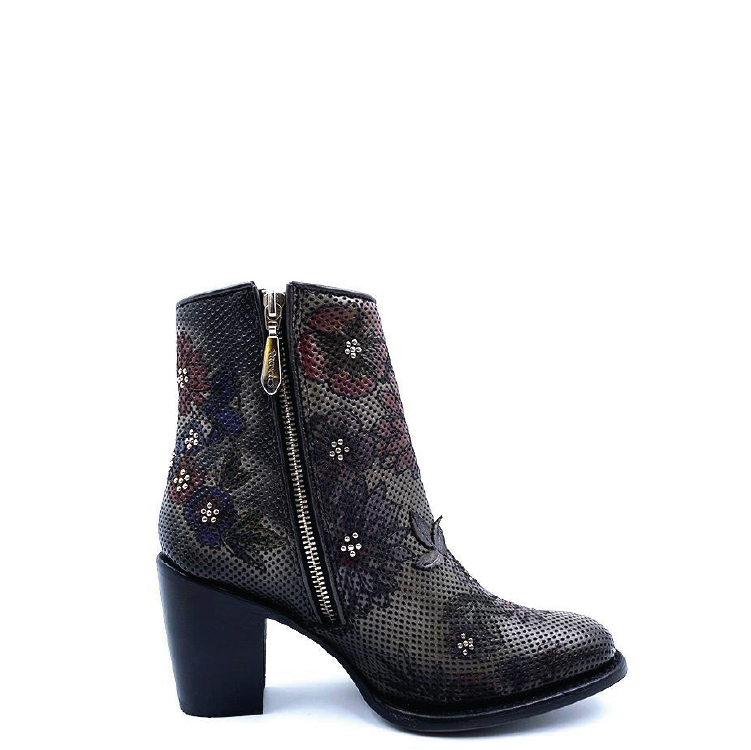 3W06RS - Cuadra gray western cowgirl floral leather ankle boots for women-CUADRA-Kuet-Cuadra-Boots