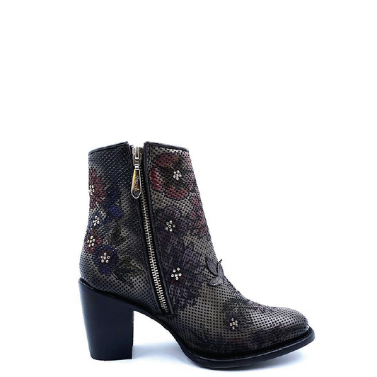 3W06RS - Cuadra gray western cowgirl floral leather ankle boots for women-Kuet.us