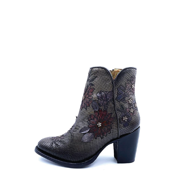 3W06RS - Cuadra gray western cowgirl floral leather ankle boots for women-CUADRA-Kuet-Cuadra-Boots