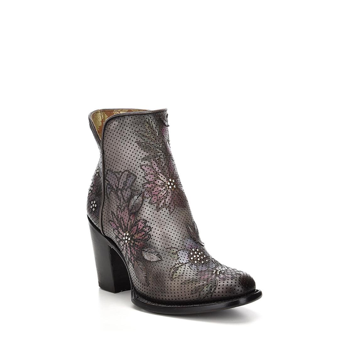 3W06RS - Cuadra gray western cowgirl floral leather ankle boots for women-Kuet.us