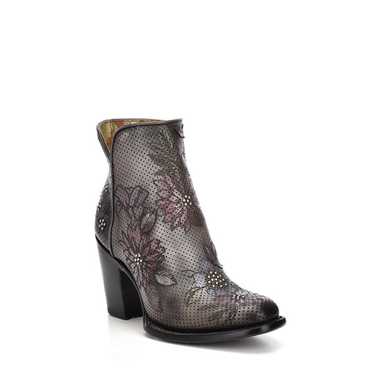 3W06RS - Cuadra gray western cowgirl floral leather ankle boots for women-Kuet.us