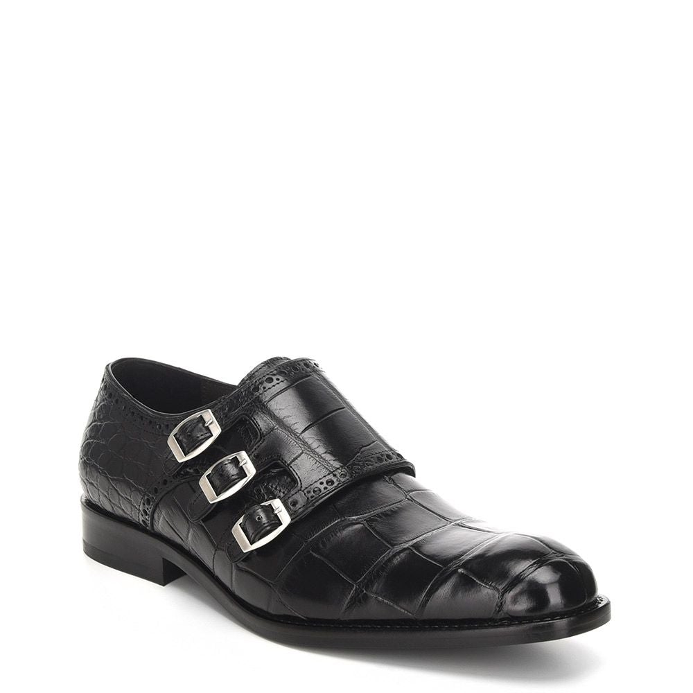 44FLPLP - Cuadra black classic dress alligator triple monk strap shoes for men-Kuet.us