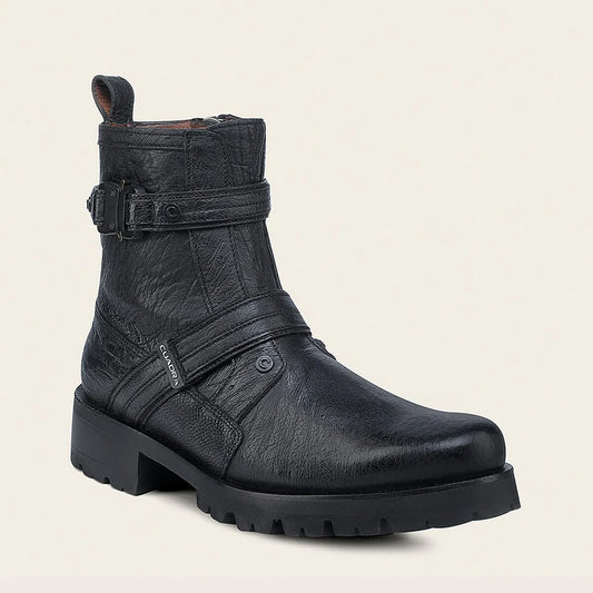4D24AB - Cuadra Black Dress Casual Ostrich Leather Zip Ankle Boots