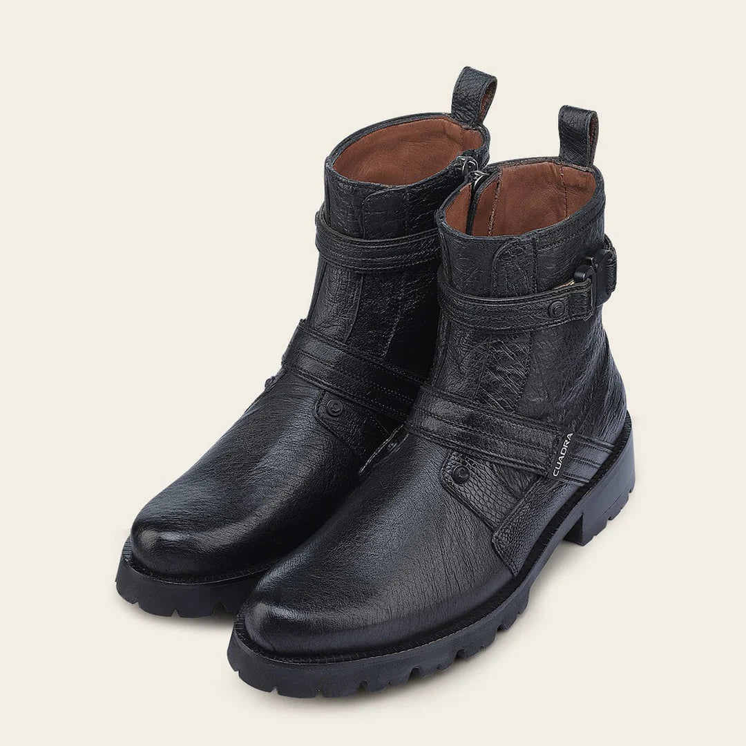 4D24AB - Cuadra Black Dress Casual Ostrich Leather Zip Ankle Boots