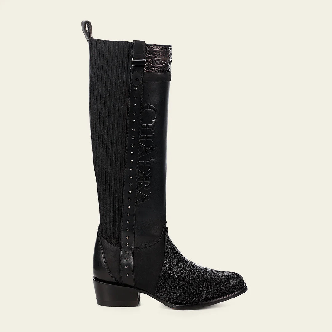 4X01MA - Cuadra black casual fashion leather strapped tall boots for women