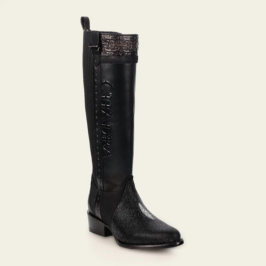 4X01MA - Cuadra black casual fashion leather strapped tall boots for women