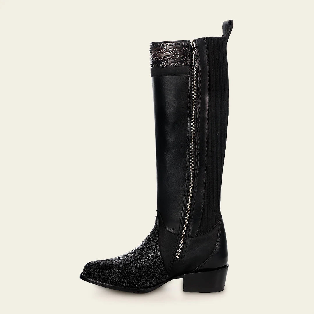 4X01MA - Cuadra black casual fashion leather strapped tall boots for women