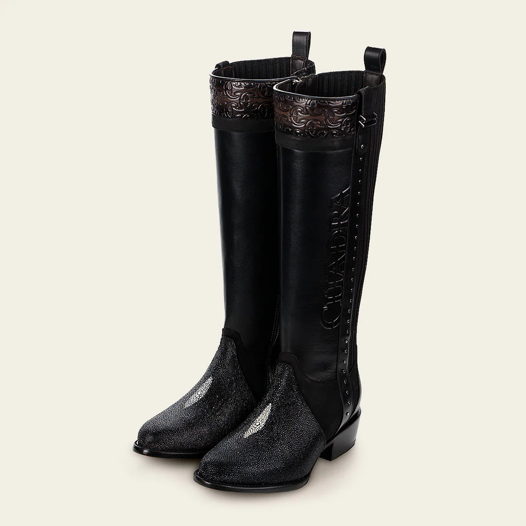 4X01MA - Cuadra black casual fashion leather strapped tall boots for women
