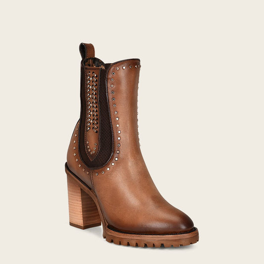 4N01RS - Cuadra brown fashion western leather studs ankle booties for women-Kuet.us