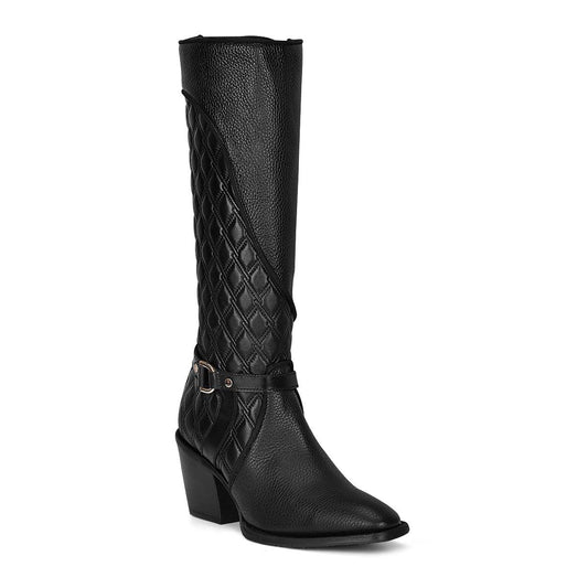 4P05RS - Cuadra black fashion cowhide leather strapped knee-high boots women-Kuet.us