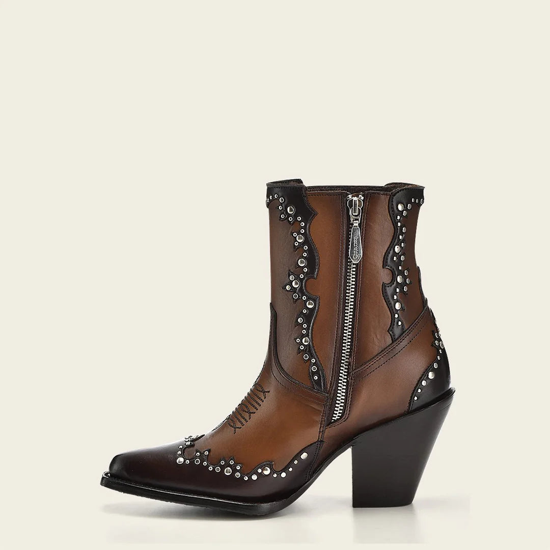 Cuadra brown western cowgirl cowhide leather ankle boots for women