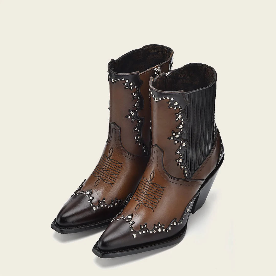 Cuadra brown western cowgirl cowhide leather ankle boots for women