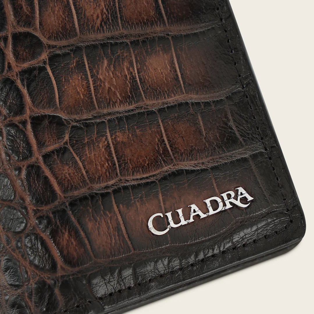 B3007AL - Cuadra chocolate burnished alligator leather vertical bifold wallet for men