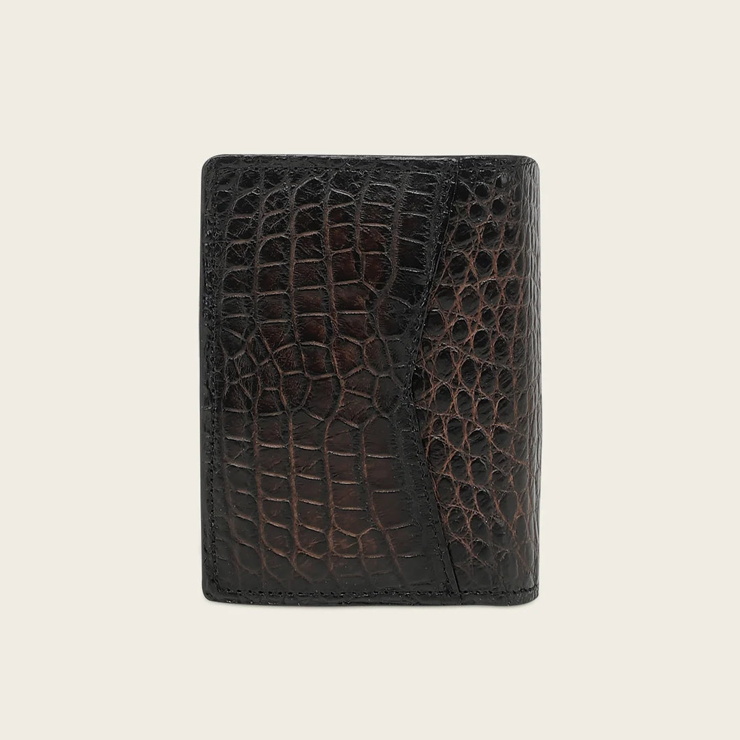 B3007AL - Cuadra chocolate burnished alligator leather vertical bifold wallet for men