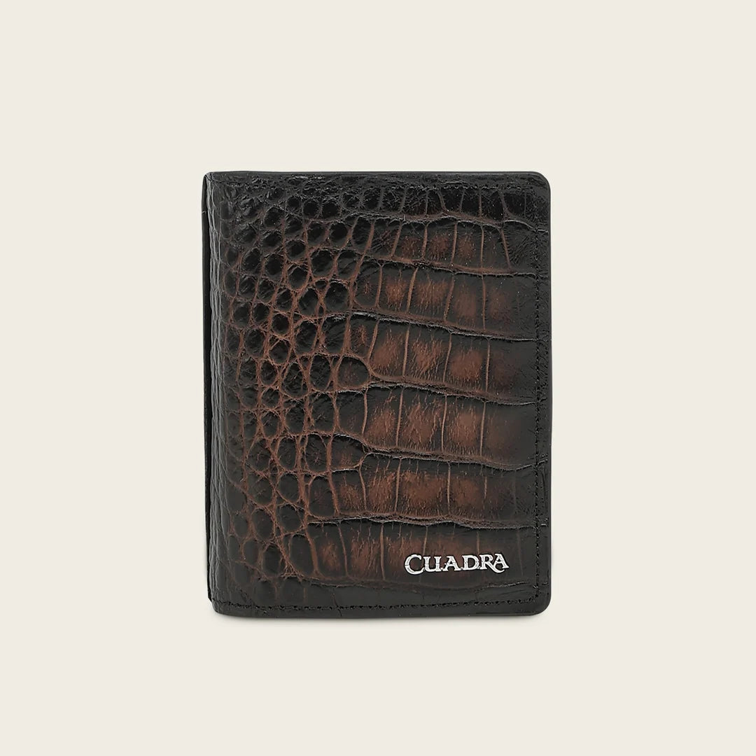 B3007AL - Cuadra chocolate burnished alligator leather vertical bifold wallet for men