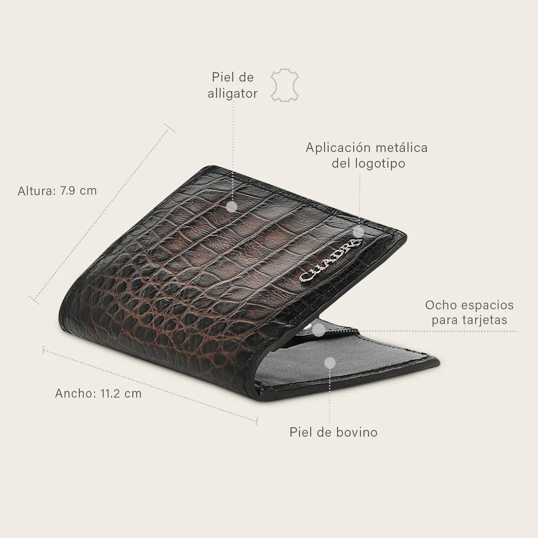 B3007AL - Cuadra chocolate burnished alligator leather vertical bifold wallet for men