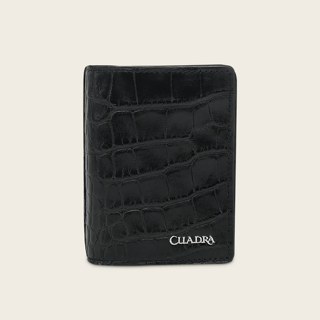 B3007AL - Cuadra black genuine alligator leather vertical bifold wallet for men