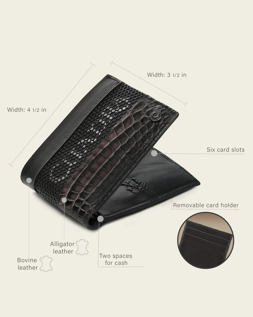 BC050AL - Cuadra Gray Alligator Leather Bi Fold Wallet for Men