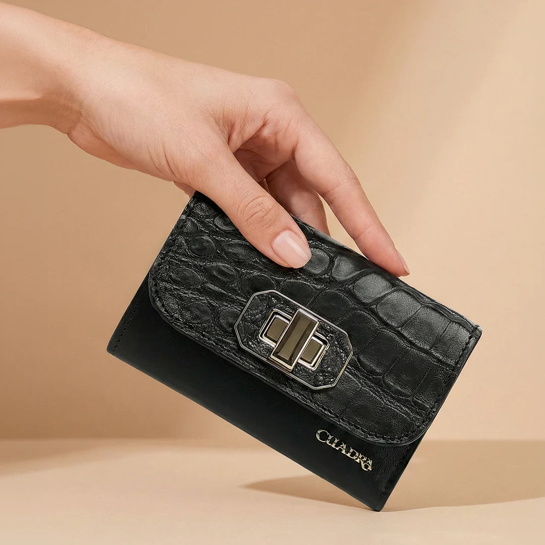 BD266AL - Cuadra black trifold alligator wallet for woman