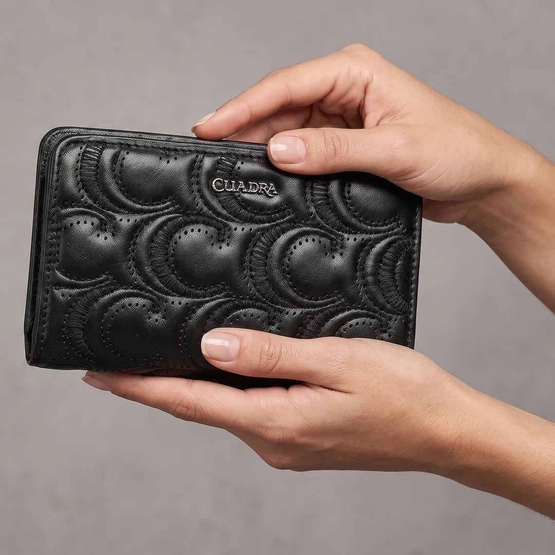 BD268BO - Cuadra black quilted crescent leather bifold wallet for women