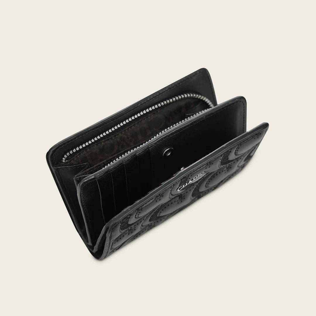 BD268BO - Cuadra black quilted crescent leather bifold wallet for women