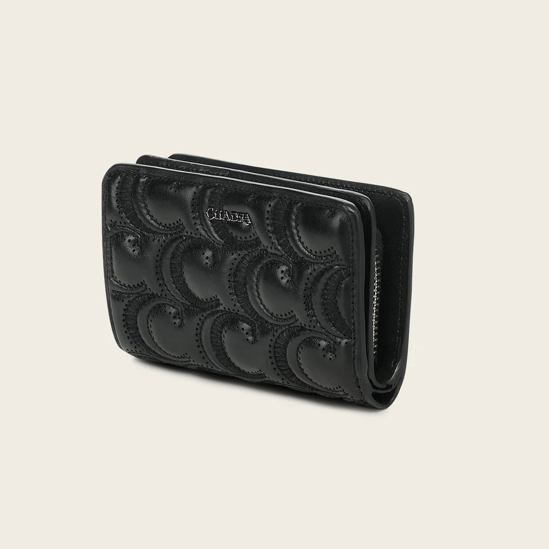 BD268BO - Cuadra black quilted crescent leather bifold wallet for women
