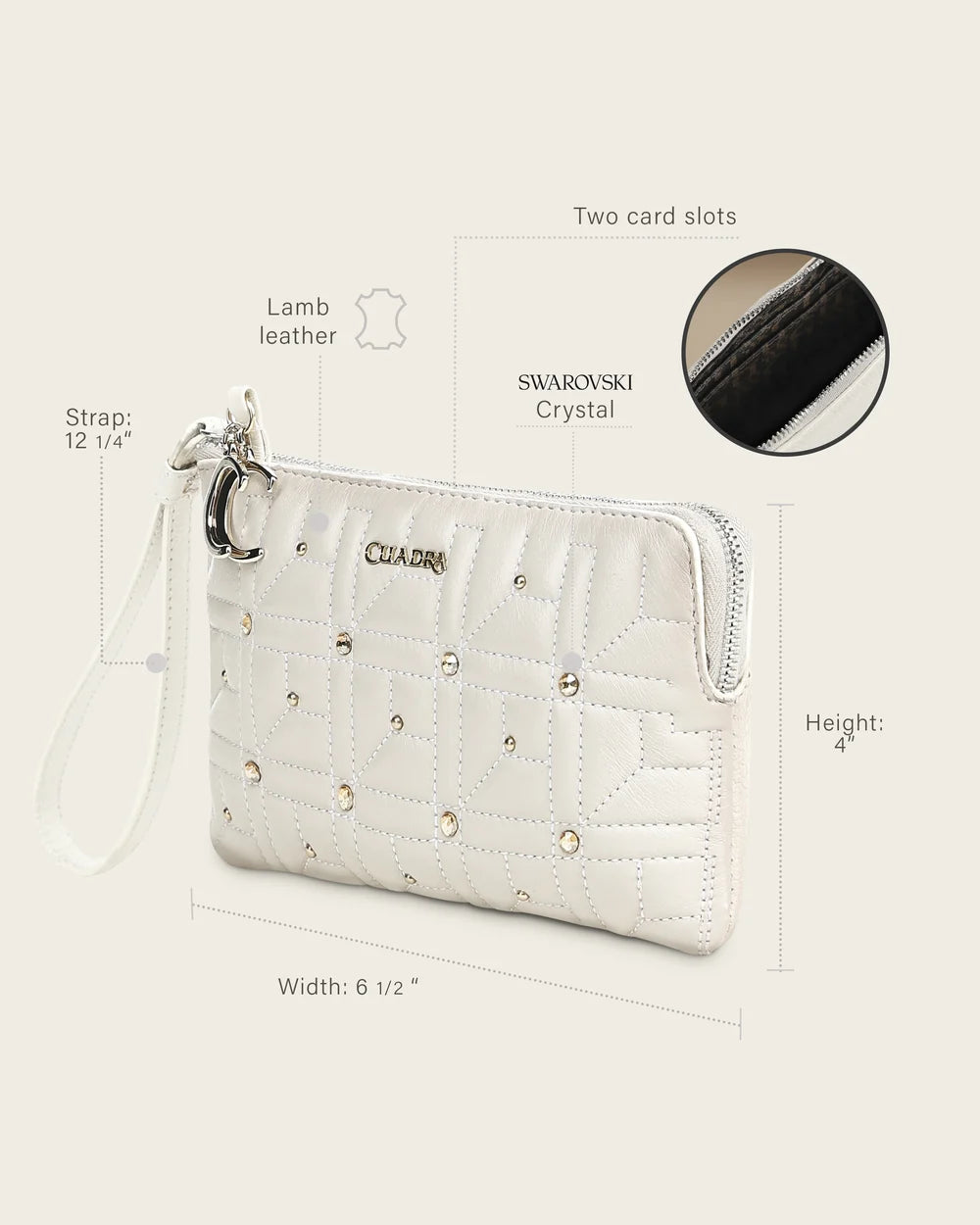 BD271CO - Cuadra white lambskin Swarovski crystal wristlet wallet for women
