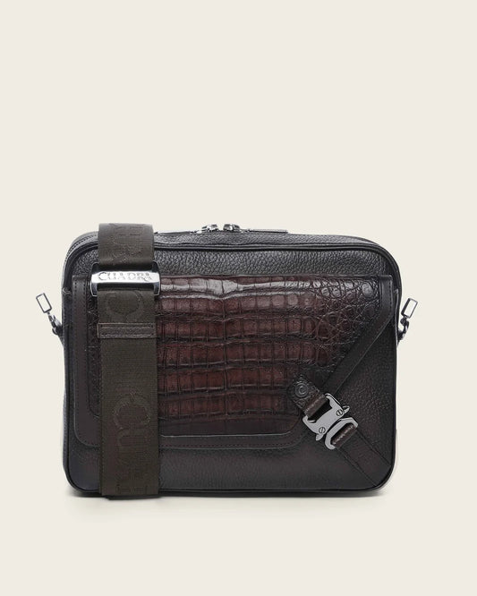 BOC28FY - Cuadra Chocolate Casual Caiman Leather Crossbody Messenger Bag for Men