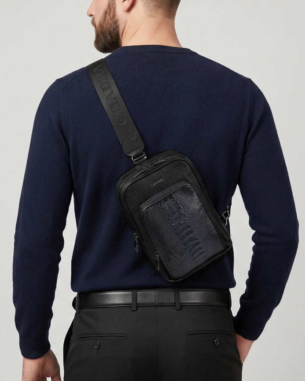 BOC54AP - Cuadra Blue Casual Fashion Ostrich Leg Leather Sling Bag for Men