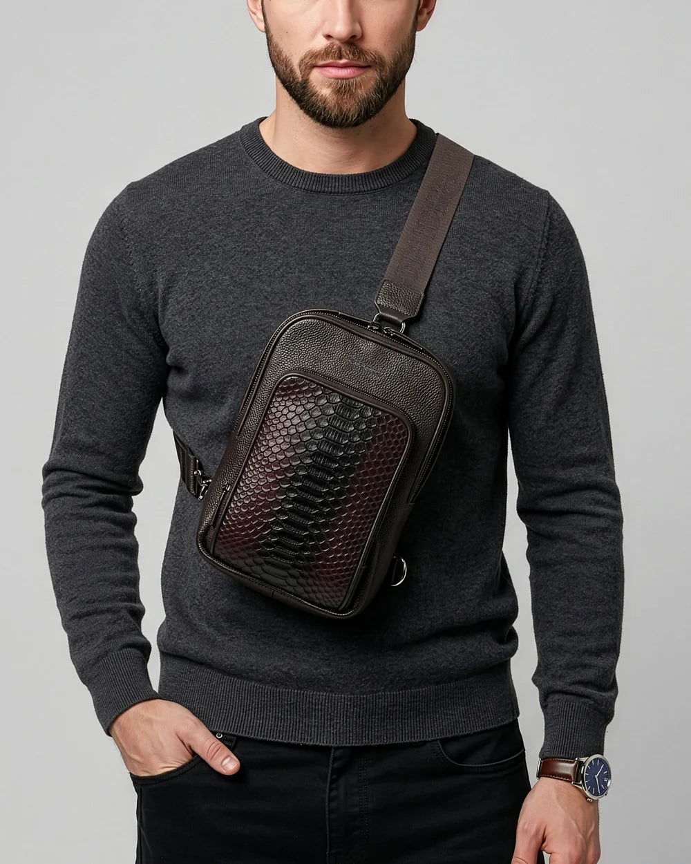 BOC54PH - Cuadra brown casual fashion python crossbody sling bag for men