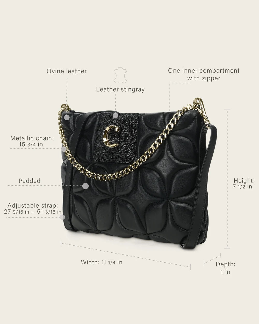 BOD3NMA - Cuadra Black Quilted Stingray Crossbody Bag for Women