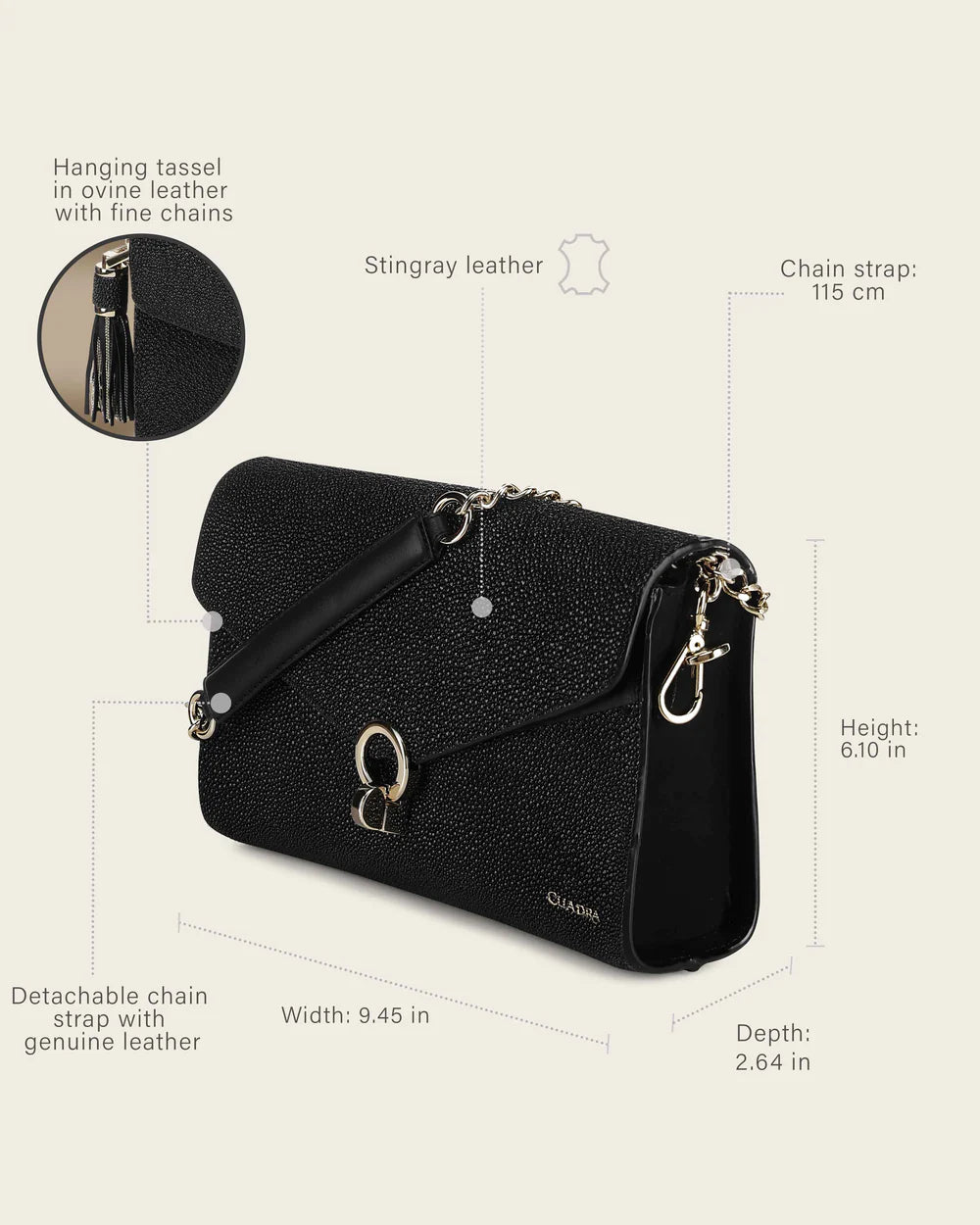 BOD4BMA - Cuadra Black Dress Fashion Stingray Hand Purse for Women