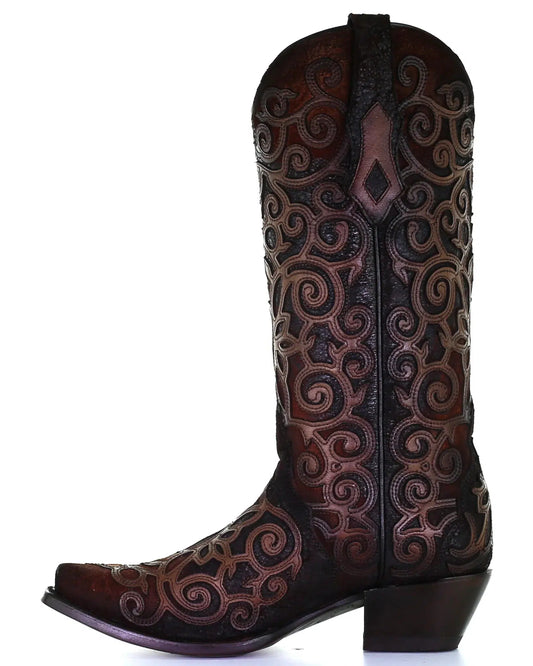 C3744-M Corral brown and red cowhide leather boots for women-Kuet.us