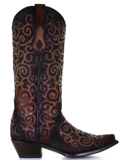 C3744-M Corral brown and red cowhide leather boots for women-Kuet.us