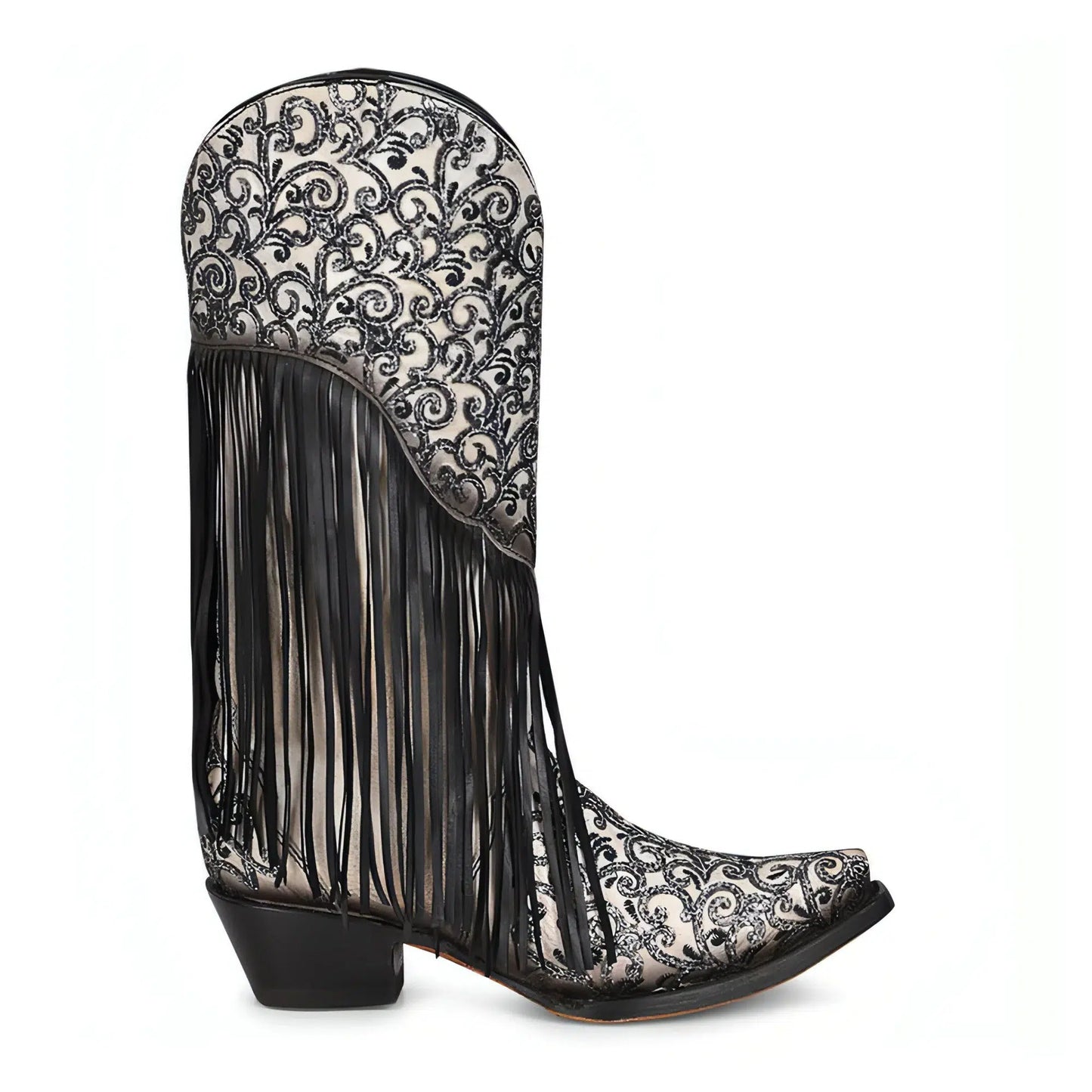 C3877 - M Corral black and white western cowgirl leather fringe boots for women