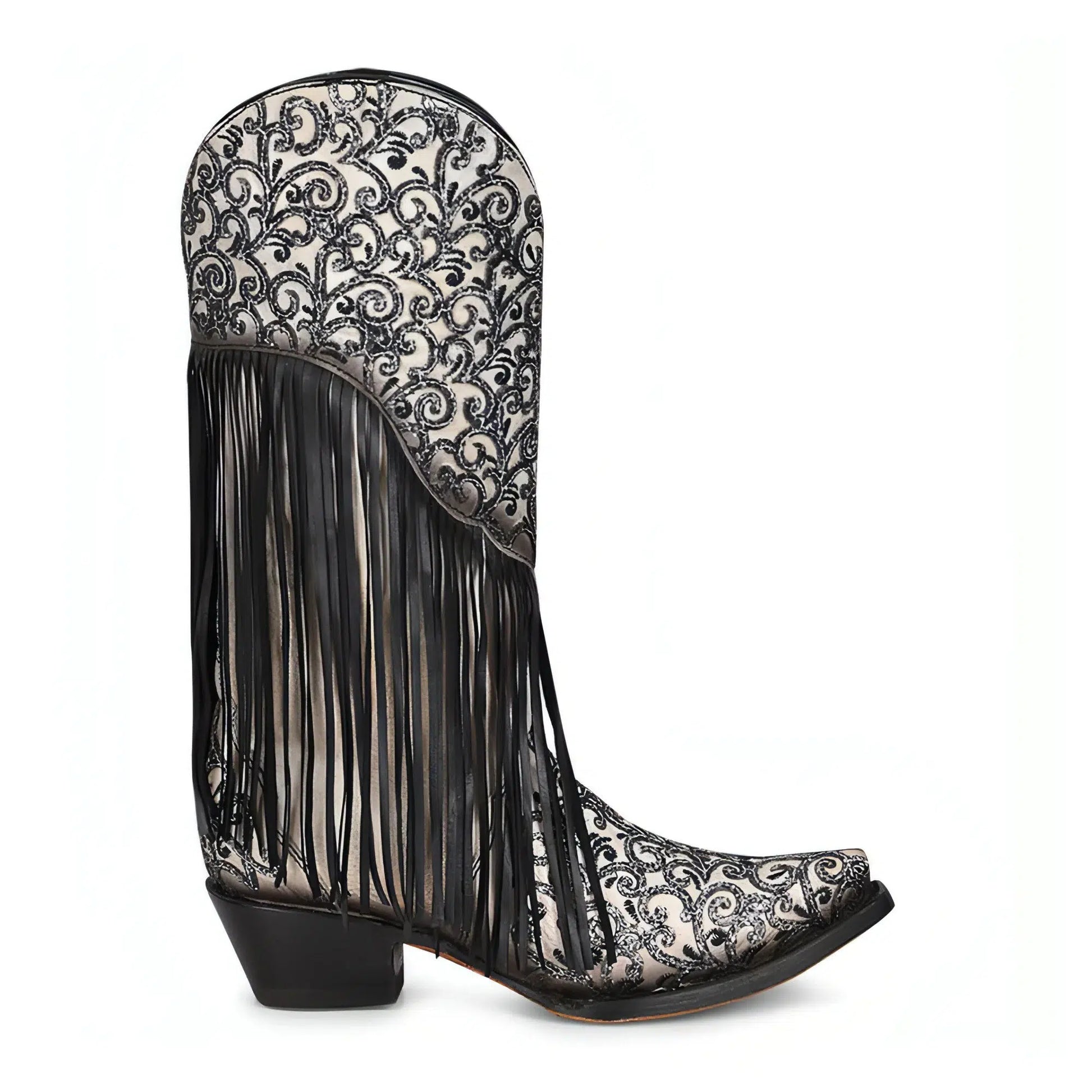 C3877 - M Corral black and white western cowgirl leather fringe boots for women-Kuet.us