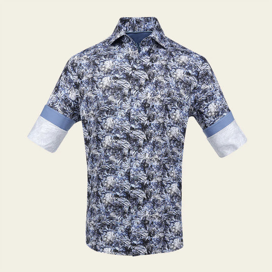 CM02615 - Cuadra Indigo Fashion Casual Washed Linen Abstract Shirt
