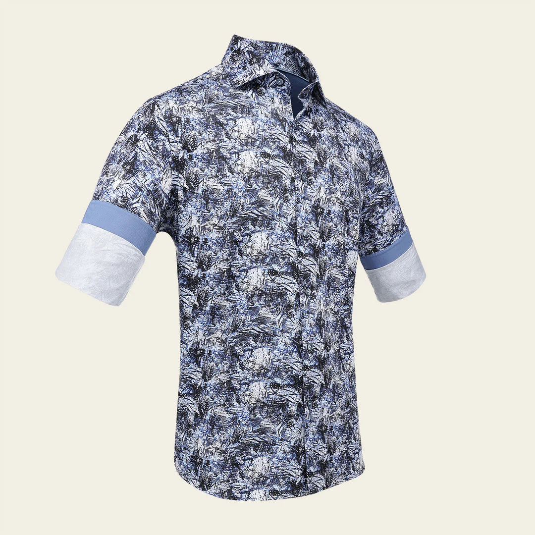 CM02615 - Cuadra indigo fashion casual washed linen abstract shirt for men
