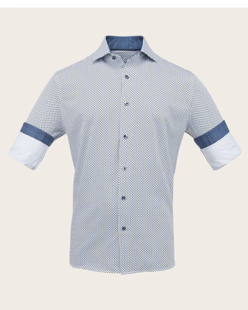 CM04019 - Cuadra blue dot lattice print shirt with chambray trim for men