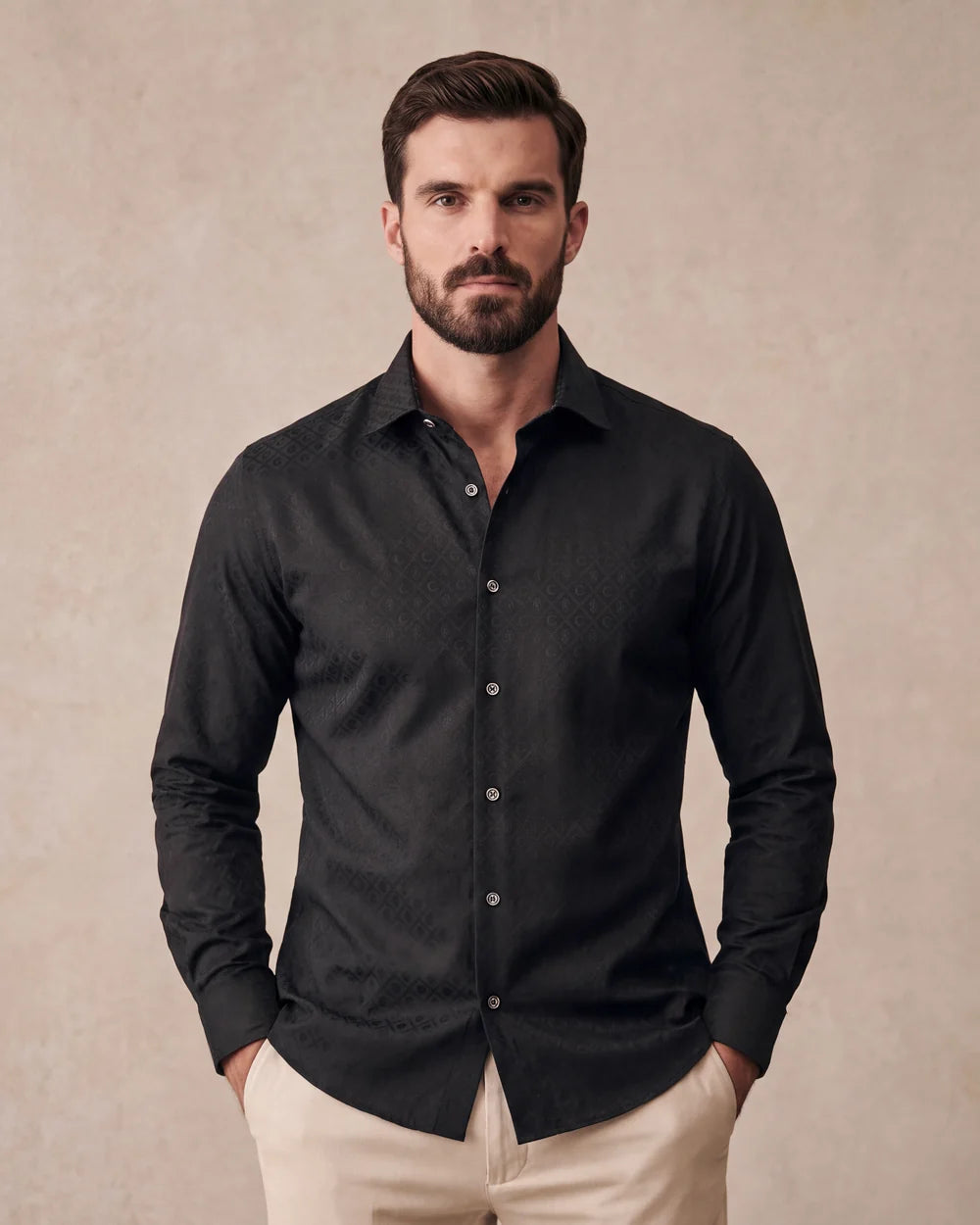 CM10812 - Cuadra Men's Black Tonal Jacquard Monogram Long Sleeve Shirt