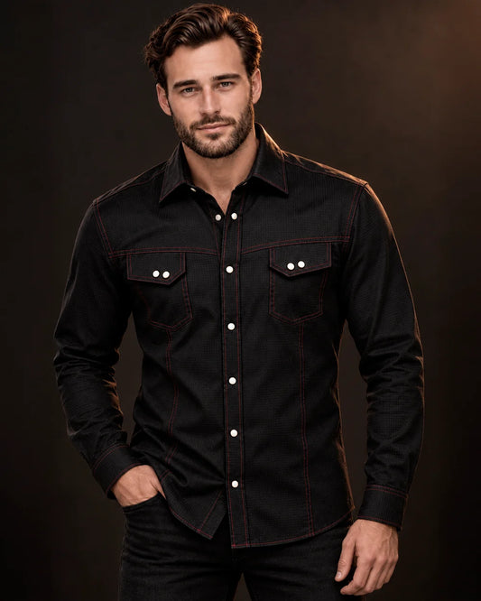 CMC0700 - Cuadra black western snap shirt with red contrast stitching for men