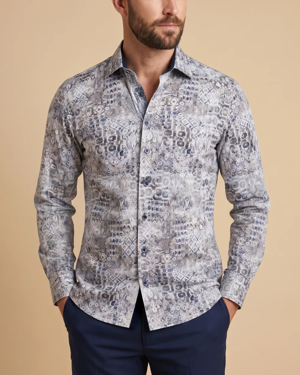 CMC1200 - Cuadra gray and navy mosaic print fashion shirt for men