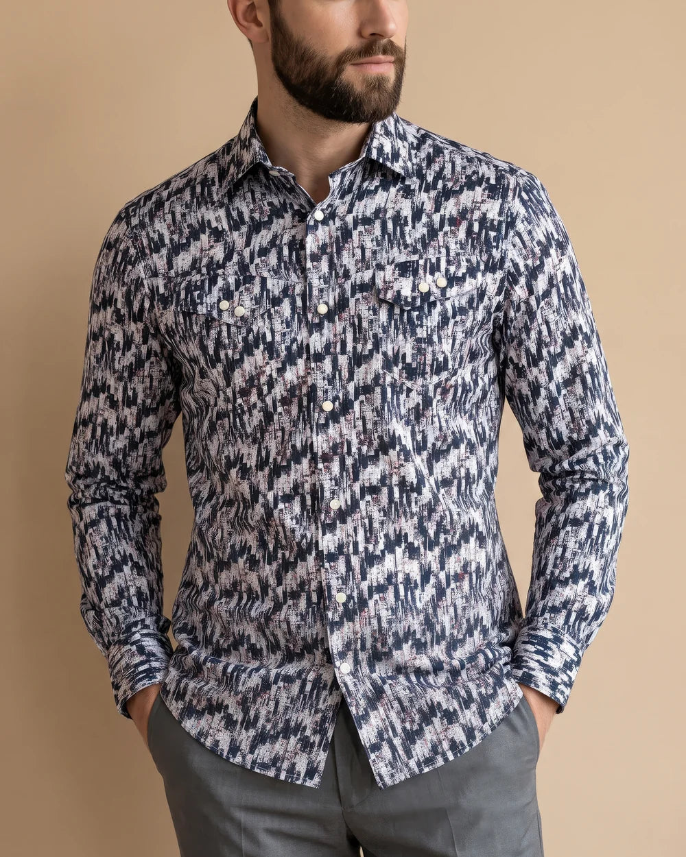 CMC1500 - Cuadra navy ikat brushstroke western snap shirt for men