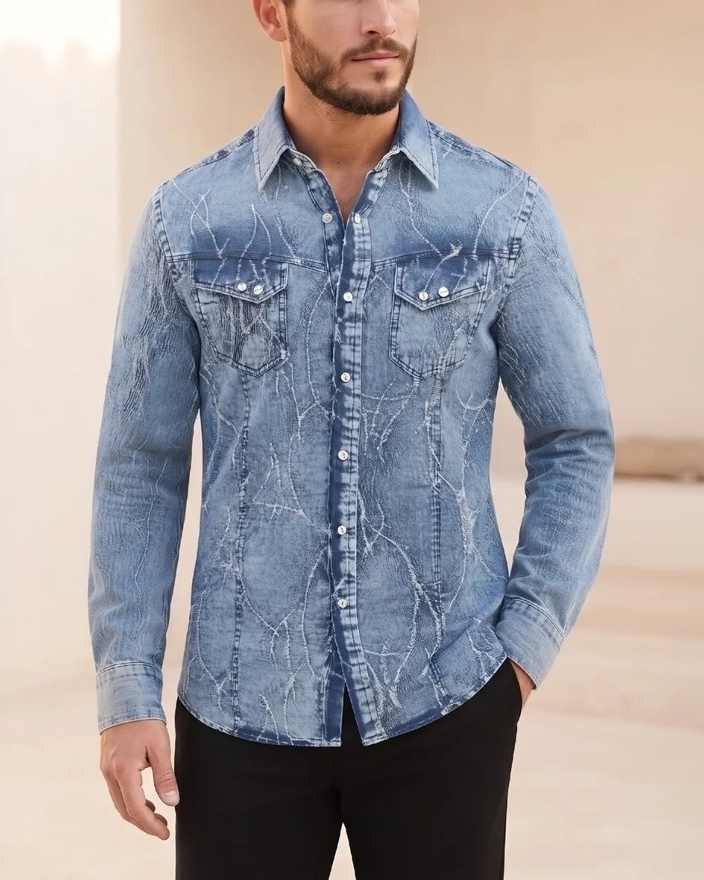 CMC2300 - Cuadra light blue acid wash denim western snap shirt for men