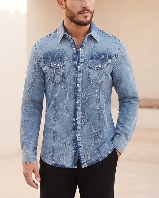 CMC2300 - Cuadra light blue acid wash denim western snap shirt for men